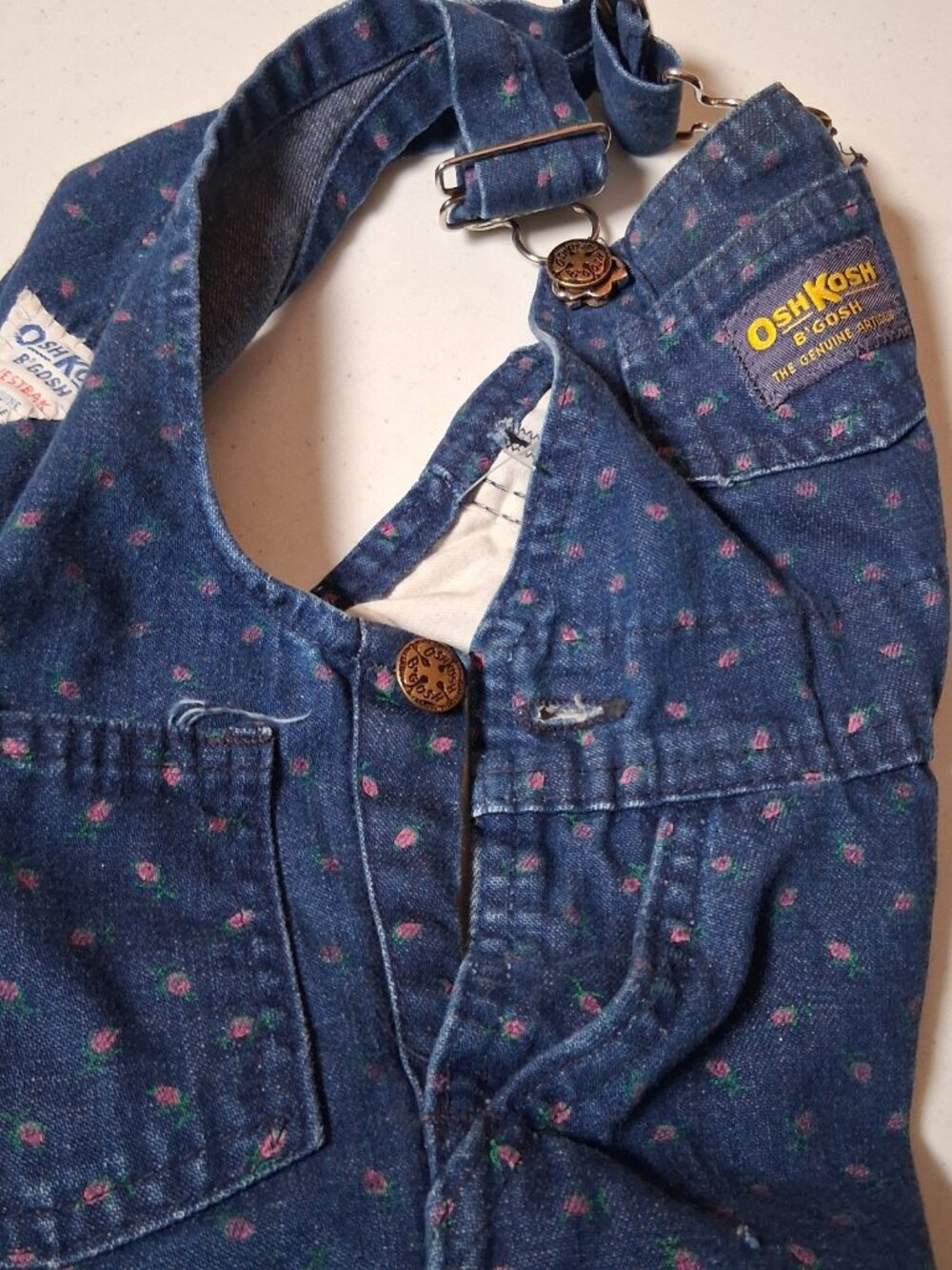 Vintage Osh Kosh B Gosh Overalls Girls 12 MOS Pink Floral Blue Denim Vestbak - Picture 15 of 16